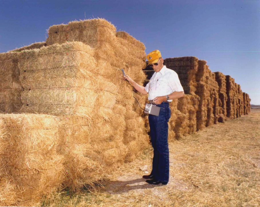 A man wearing a yellow ball-cap stands near a long row of stacks of hay bales. He's holding a device near the hay and looking at a meter.