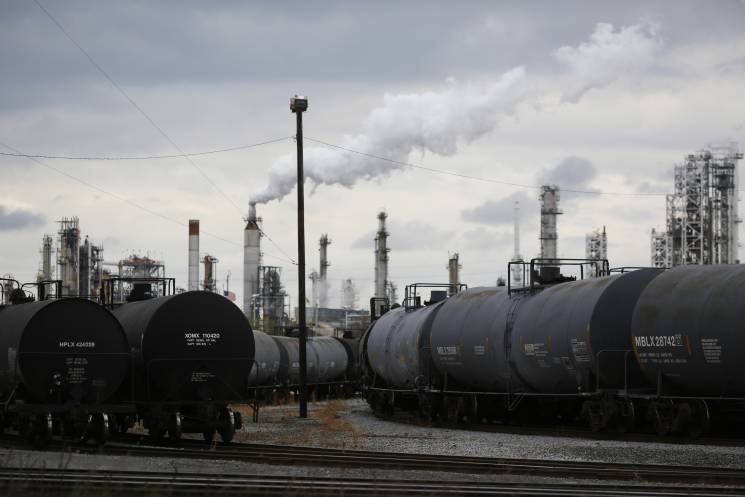 Railroad tanker cars full of crude oil sit outside the Paulsboro Refining Company in New Jersey.