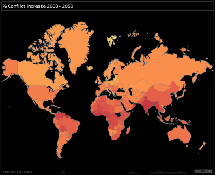 Map of countries most likely to see conflict due to climate change (the darker the red the more likely for conflict); S. Hsiang et al., Science 341, 1235367 (2013). DOI: 10.1126/science.1235367