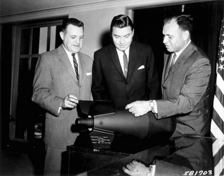 U.S. officials examine a M-388 Davy Crockett nuclear weapon. It used one of the smallest nuclear warheads ever developed by the United States.; Wiki Commons