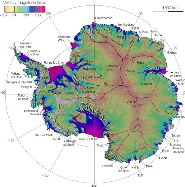 A map of Antarctica seen from above, most of it the ice sheet, shows the velocity of the ice flow ice. Thwaites Glacier is on the left.