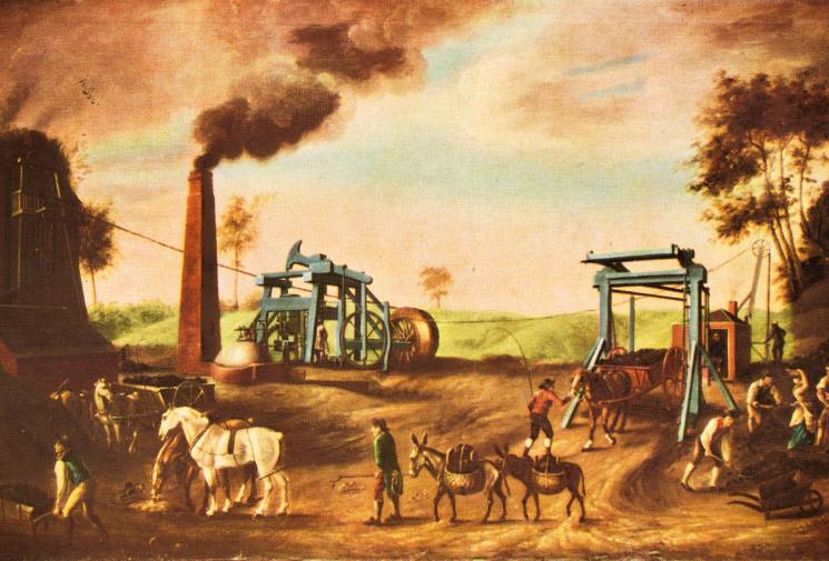 Landscape painting with early steam engine