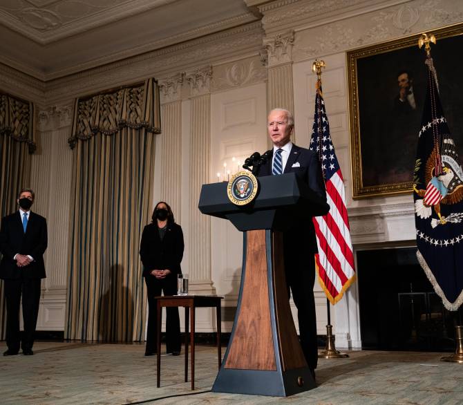 U.S. President Joe Biden speaks about climate change issues in the State Dining Room of the White House on January 27, 2021 in Washington, DC. President Biden signed several executive orders related to the climate change crisis on Wednesday, including one directing a pause on new oil and natural gas leases on public lands.; Getty