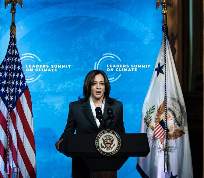 U.S. Vice President Kamala Harris speaks during a virtual Leaders Summit on Climate with 40 world leaders in the East Room of the White House April 22, 2021 in Washington, DC