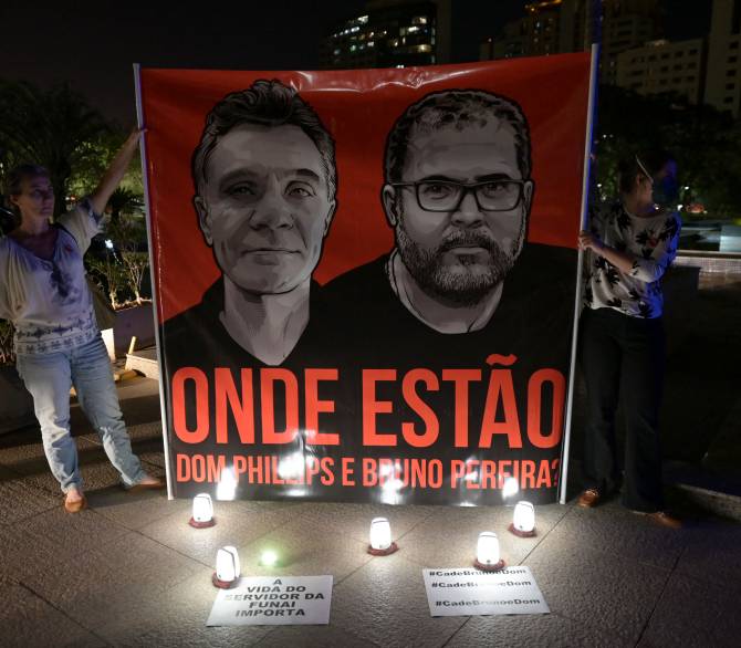 Employees of the National Indigenous Foundation protest over missing British journalist Dom Phillips and Brazilian Indigenous affairs specialist Bruno Pereira, in Brasilia, on June 9, 2022. -