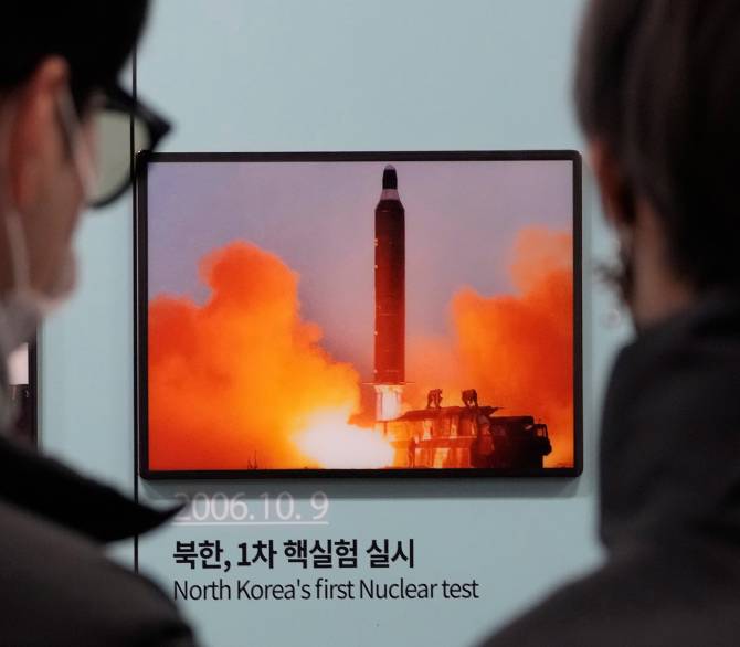 A photo showing North Korea's missile launch is displayed at the Unification Observation Post in Paju, South Korea, Jan. 27, 2023. (AP Photo/Ahn Young-joon)