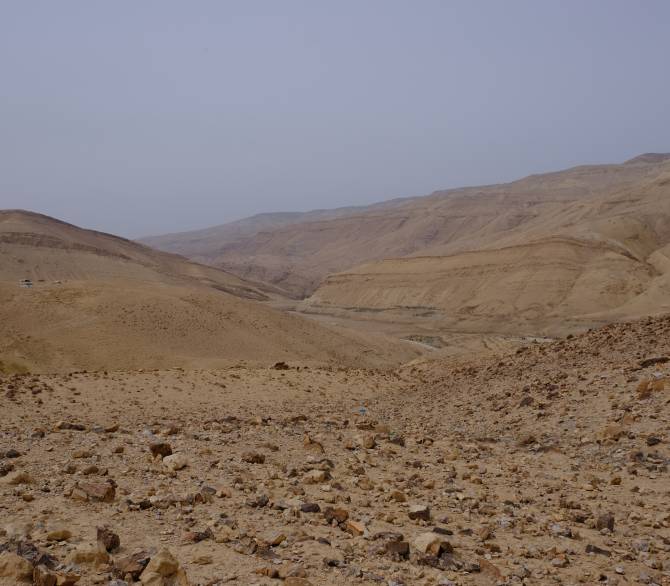 Mujib dam in the Dhiban area of Jordan completely dry in April 2022