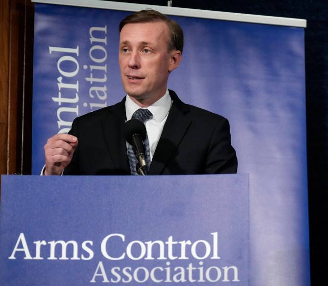 White House National Security Advisor Jake Sullivan speaks during the annual meeting of the Arms Control Association at the National Press Club on June 2 in Washington. Sullivan spoke on a range of topics, including the Biden administration's willingness to engage with Russia on nuclear arms control after Russian President Vladimir Putin's decision to suspend the last nuclear arms control treaty between the two countries.
