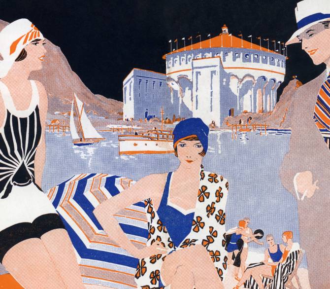 Detail: A travel brochure for Catalina Island shows an illustration of three fashionable people socializing near the waterfront in Avalon circa 1927.