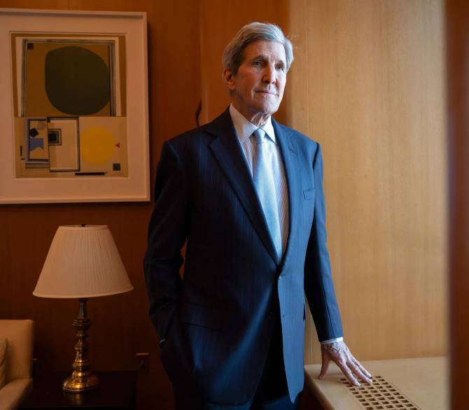 John Kerry, Special Presidential Envoy for Climate, poses for a photo during an interview with The Associated Press in his office at the State Department in Washington, on Feb. 6, 2024.