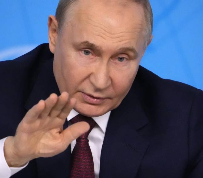 Russian President Vladimir Putin speaks during a meeting at the Russian Foreign Ministry in Moscow on June 14, 2024.