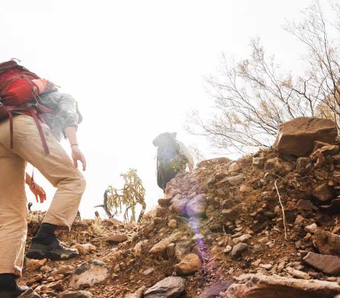 A group of humanitarian aid volunteers hikes through the Sonoran desert to leave gallons of bottled water and canned food in spots where exhausted migrants might find them along the US-Mexico border on 8 January.