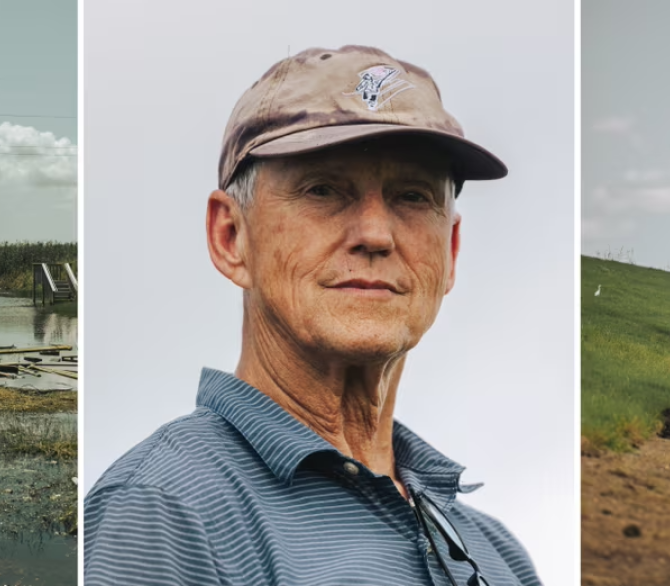 Windell Curole, 69, a lifelong resident of Lafourche Parish, received community support to construct a levee to combat escalating flood threats caused by subsidence in the area.