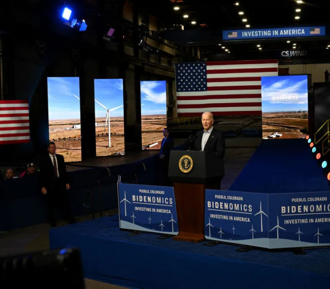 U.S. President Joe Biden speaks to employees at the CS Wind America Inc on Nov. 29 in Pueblo, Colo. 