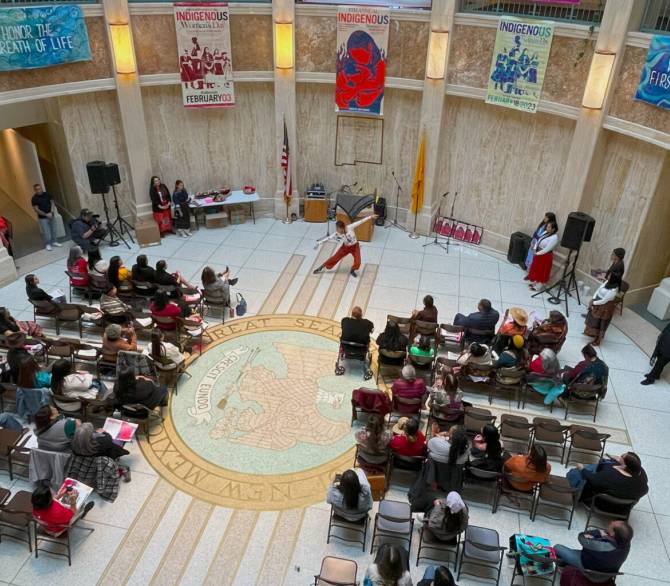 Audience members watch a ballet performance during Indigenous Women’s Day on February 8 in the rotunda of the New Mexico State Capitol in Santa Fe.