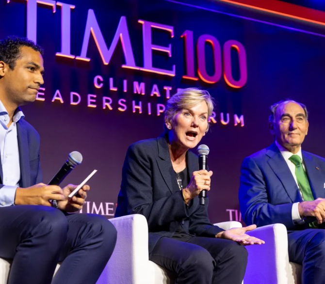 Jennifer Granholm, center, speaks on a panel at the TIME Climate Leadership Forum on Sept. 23 in New York City.