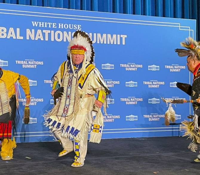 Indigenous federal employees perform a traditional dance before President Joe Biden's visit to the White House Tribal Nations Summit on Dec. 9 in Washington, D.C. 