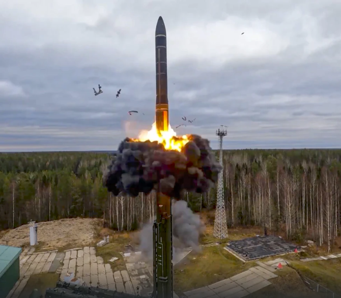 In this image taken from video released by Russian Defense Ministry Press Service on Oct. 26, 2022, a Yars intercontinental ballistic missle is test-fired as part of Russia's nuclear drills from a launch site in Plesetsk, northwestern Russia.