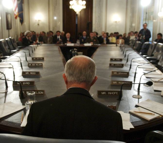 UNITED STATES - APRIL 04: Sen. Jeff Sessions, R-Ala., chairs a hearing of the Senate Armed Services Committee, Strategic Forces Subcommittee, on strategic forces and nuclear weapons issues in review of the defense authorization request for fiscal year 2006. The hearing featured testimony by General James E. Cartwright, USMC, commander, U.S. Strategic Command, in background at right, and Linton F. Brooks, adminisrator, National Nuclear Security Administration, U.S. Department of Energy.