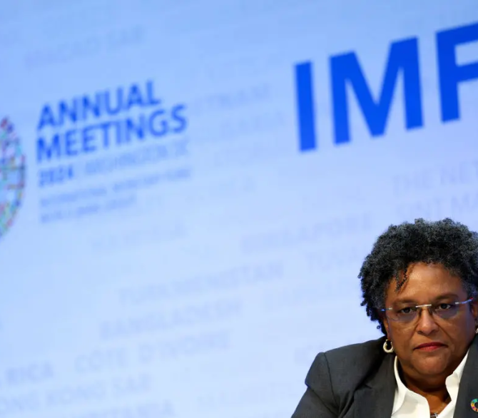 Mia Mottley, Barbados's prime minister, during the annual meetings of the IMF and World Bank in Washington, D.C.