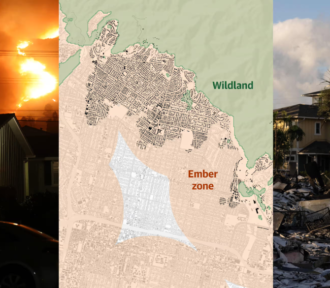 The Eaton fire in Los Angeles on 7 January; the ember zone in Altadena in Los Angeles; a volunteer assesses damage in Lahaina, Maui, on 12 August 2023.