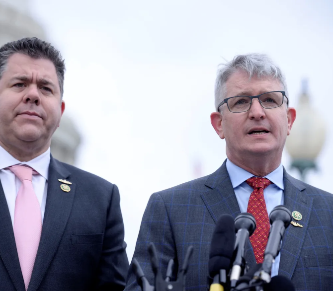 Then-Rep. Brandon Williams (R-NY, right) speaks during a news conference on Capitol Hill on March 7, 2023. President Donald Trump later nominated Williams to head the National Nuclear Security Administration in January 2025.
