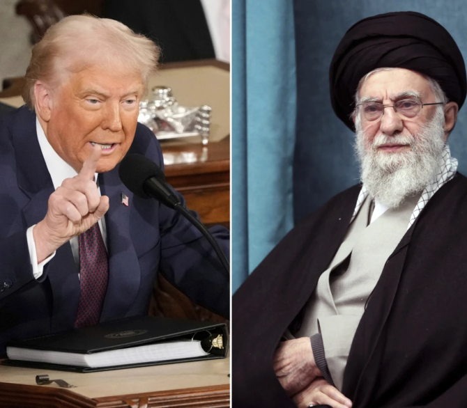 This combo of pictures show President Donald Trump, left, addressing a joint session of Congress at the Capitol in Washington, March 4, 2025, and a handout of Supreme Leader Ayatollah Ali Khamenei attending a ceremony in Tehran, Iran, March 8, 2025. 