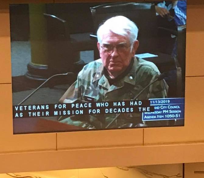 Atomic veteran Harvey Thorstad representing Veterans For Peace before the Portland City Council, November 13, 2019.