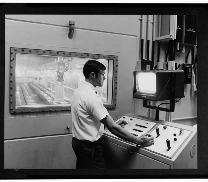 This archival photo shows the Rocky Flats Plant, Plutonium Manufacturing Facility,in Golden, Colorado. Building 707 was the primary plutonium manufacturing and assembly facility at the plant from 1970 until curtailment of operations in 1989.