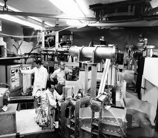 A view of inside Los Alamos National Laboratory as researchers work on a nuclear testing project in 1974 in this photo from the Atomic Energy Commission. Getty Images. 