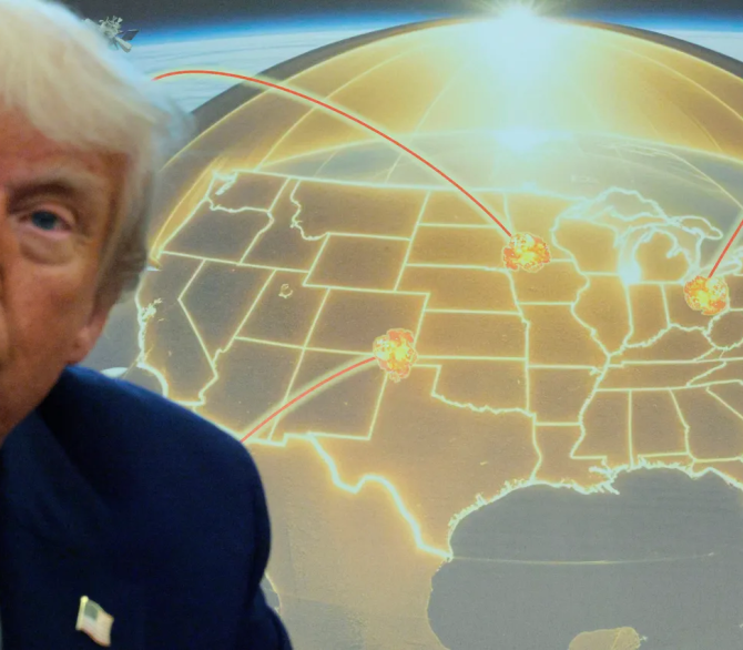 President Donald Trump speaks in front of a map of his proposed 