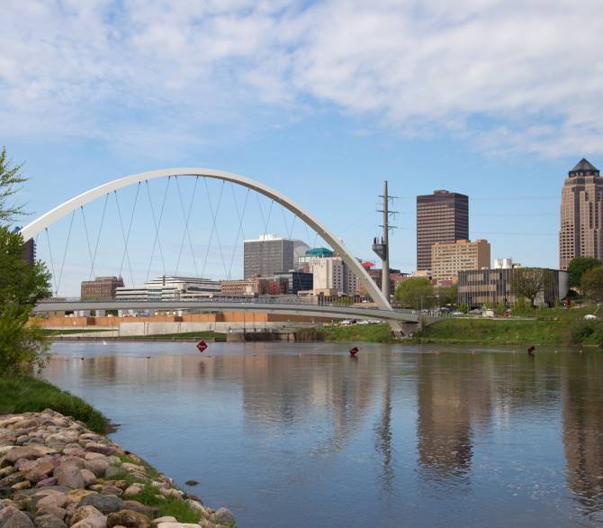 A view of the Des Moines River as it flows through downtown Des Moines, Iowa. 