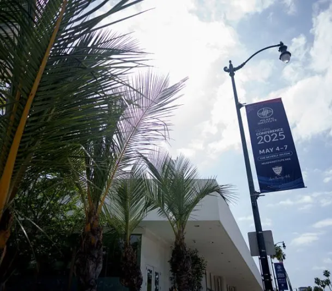 Milken Institute Global Conference signage outside the Beverly Hilton hotel in Beverly Hills on, April 25. 