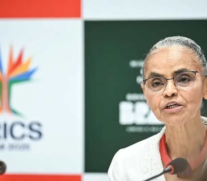 Brazil's Minister of the Environment and Climate Change Marina Silva takes part in the 11th Meeting of Environment Ministers from the BRICS member countries and holds a press conference at the Itamaraty Palace in Brasilia on April 3.