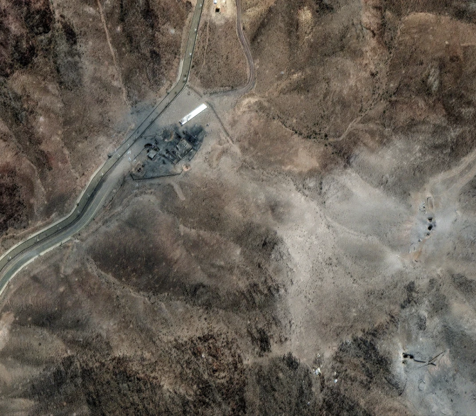This Tuesday, June 24, 2025 satellite image provided by Maxar Technologies shows damage at Fordo enrichment facility after strikes in Iran on June 23.