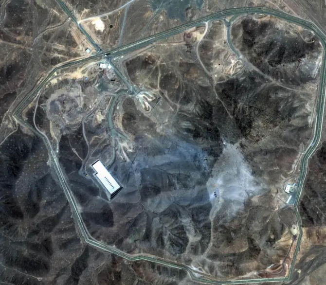 This satellite image provided by Maxar Technologies shows damage at the Fordo enrichment facility in Iran after U.S. strikes, Sunday, June 22, 2025. 