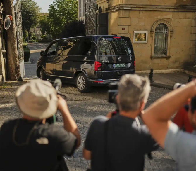 A van, which is believed to carry European diplomats, enters the Iranian consulate ahead of a meeting with Iranian counterparts for talks over Tehran's nuclear program, in Instanbul, Turkey, Friday, July 25, 2025.