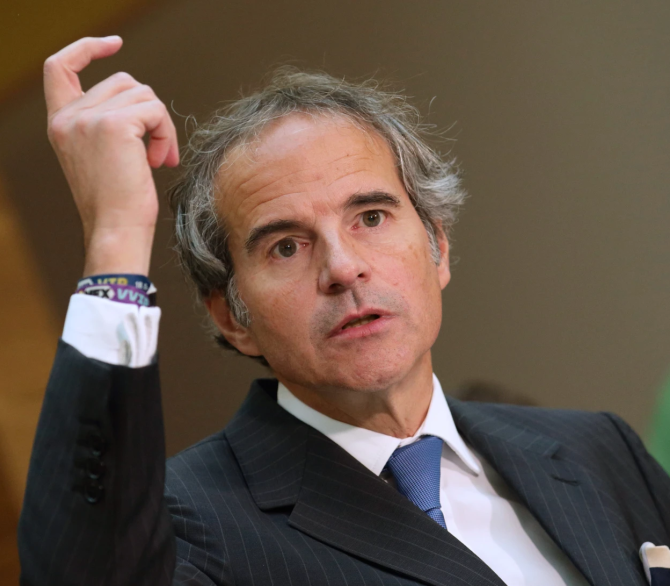 International Atomic Energy Agency (IAEA) Director General, Rafael Grossi, addresses the media after arriving at the Vienna International Airport in Schwechat, Austria, May 7, 2024.