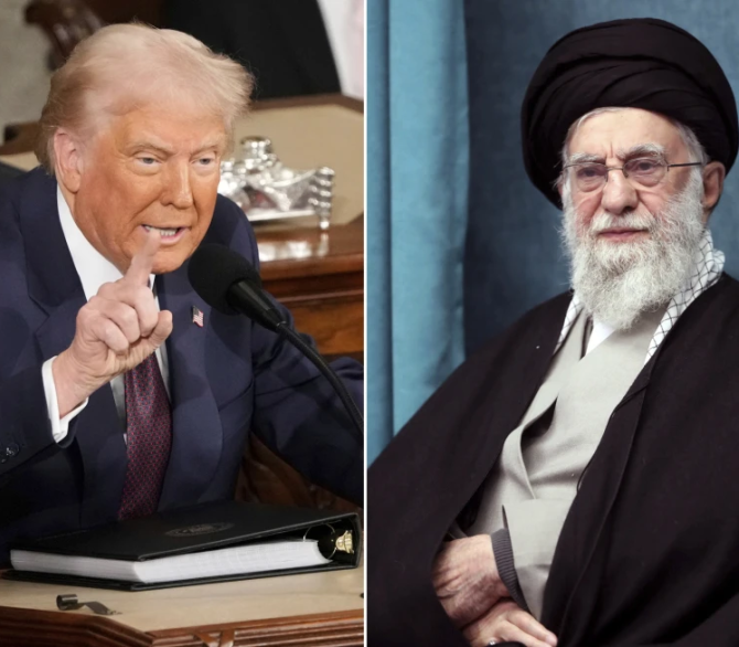This combo of pictures show President Donald Trump, left, addressing a joint session of Congress at the Capitol in Washington, March 4, 2025, and a handout of Supreme Leader Ayatollah Ali Khamenei attending a ceremony in Tehran, Iran, March 8, 2025. 