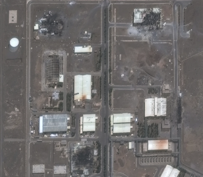 This satellite image provided by Maxar Technologies shows the Natanz nuclear enrichment facility, where multiple buildings were destroyed from recent Israeli airstrikes, 135 miles southeast of Tehran, Iran, Saturday, June 14, 2025. 