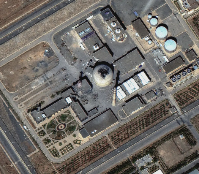 This satellite image provided by Maxar on June 18, 2025 shows Iran’s Arak heavy water reactor building after Israel launched airstrikes on the reactor. 