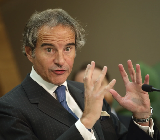 International Atomic Energy Agency (IAEA) Director General, Rafael Grossi, addresses the media after arriving at the Vienna International Airport in Schwechat, Austria, Tuesday, May 7, 2024.