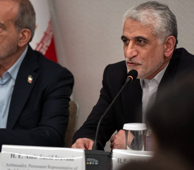 Amir-Saeid Iravani, the Iranian ambassador to the United Nations, starts a press briefing with Masoud Pezeshkian, the President of Iran, in New York, Friday, Sept. 26, 2025.