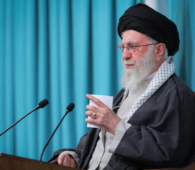 In this photo released on Tuesday, Sept. 23, 2025, by an official website of the office of the Iranian supreme leader, Supreme Leader Ayatollah Ali Khamenei speaks in a televised speech. 