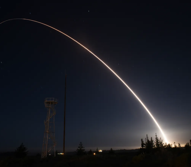 An unarmed Minuteman III intercontinental ballistic missile launches during an operational test from Vandenberg Air Force Base, California at 11:01 p.m. on February 25, 2016. 