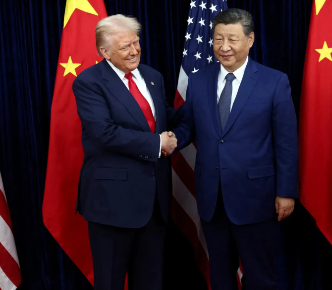 President Donald Trump shakes hands with Chinese President Xi Jinping as they hold a bilateral meeting at Gimhae International Airport, on the sidelines of the Asia-Pacific Economic Cooperation (APEC) summit, in Busan, South Korea on Oct. 30, 2025.