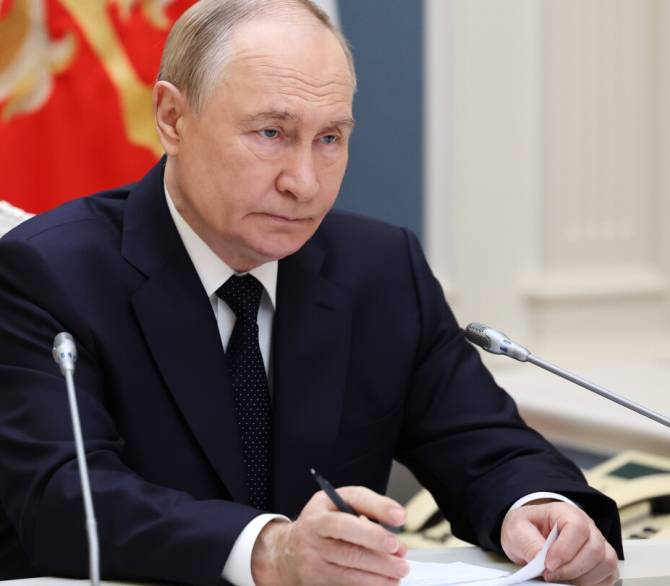 Russia President Vladimir Putin conducts a strategic nuclear forces exercise via videoconference from the Presidential Situation Centre at the Kremlin in Moscow, on Wednesday, Oct. 22, 2025.
