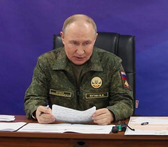 In this imagr made from video released by the Russian Presidential Press Office on Sunday, Oct. 26, 2025, Russian President Vladimir Putin speaks while visiting one of the command posts of the Joint Group of Forces. 